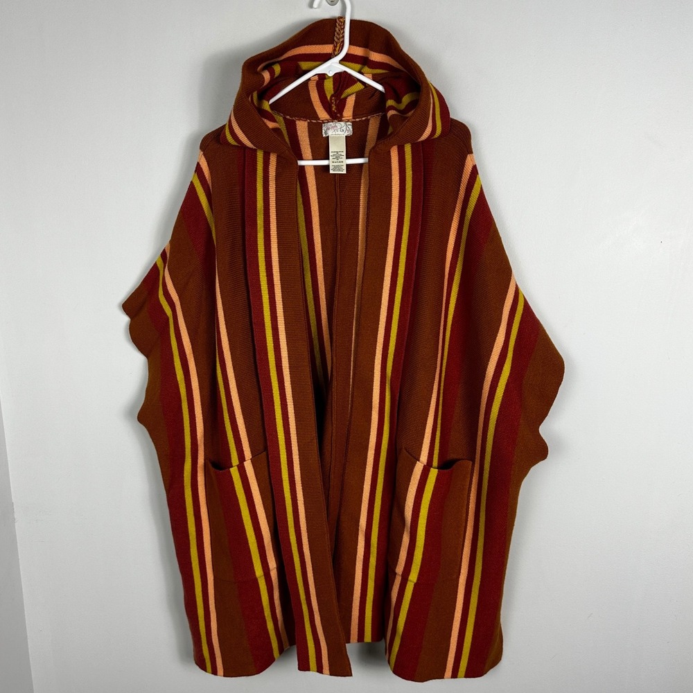 Free People All I Need Striped Poncho Bohemian Hoodie Brown Beachy Oversized XL - Picture 4 of 11